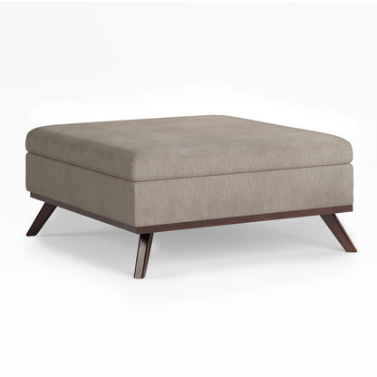 Square lift-top coffee table storage ottoman in beige fabric with dark wood legs HouseOfZazla on Tampa Home & Garden Store
