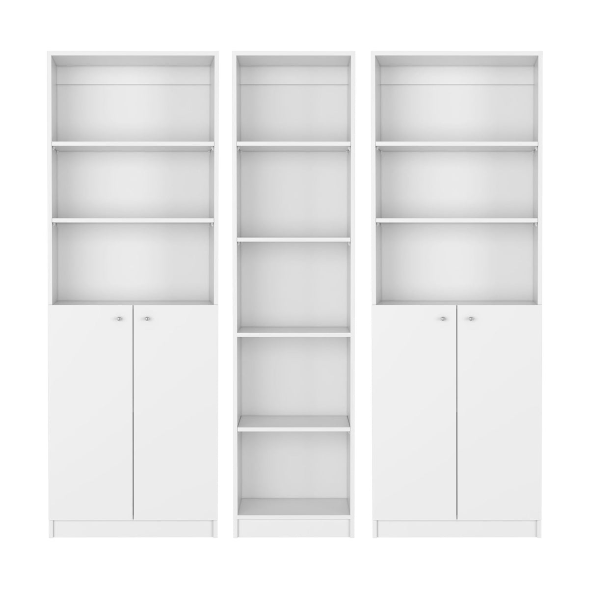 Three white bookcases with open shelves, HouseOfZazla 3-piece living room set on Tampa Home & Garden Store