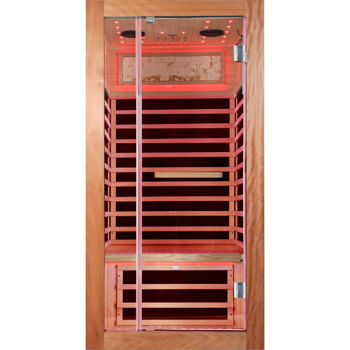 American White Oak single-person sauna by HouseOfZazla with red LED lighting and glass door on Tampa Home & Garden Store