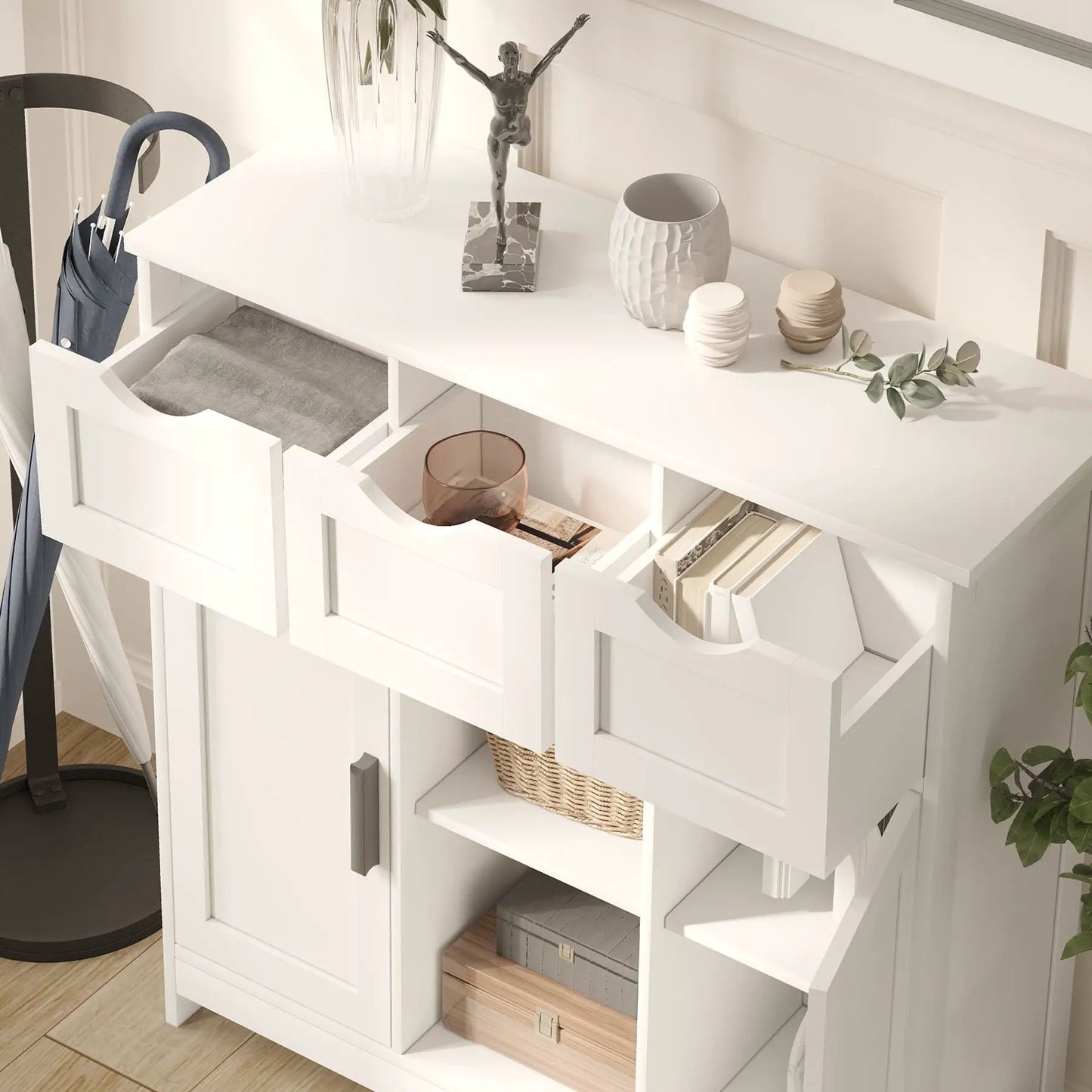 White wooden storage cabinet with drawers and open shelves, modern accent sideboard on Tampa Home & Garden Store