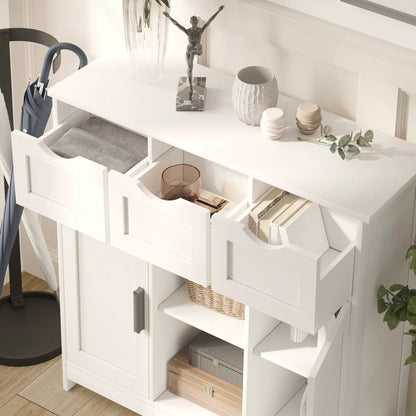 White wooden storage cabinet with drawers and open shelves, modern accent sideboard on Tampa Home & Garden Store