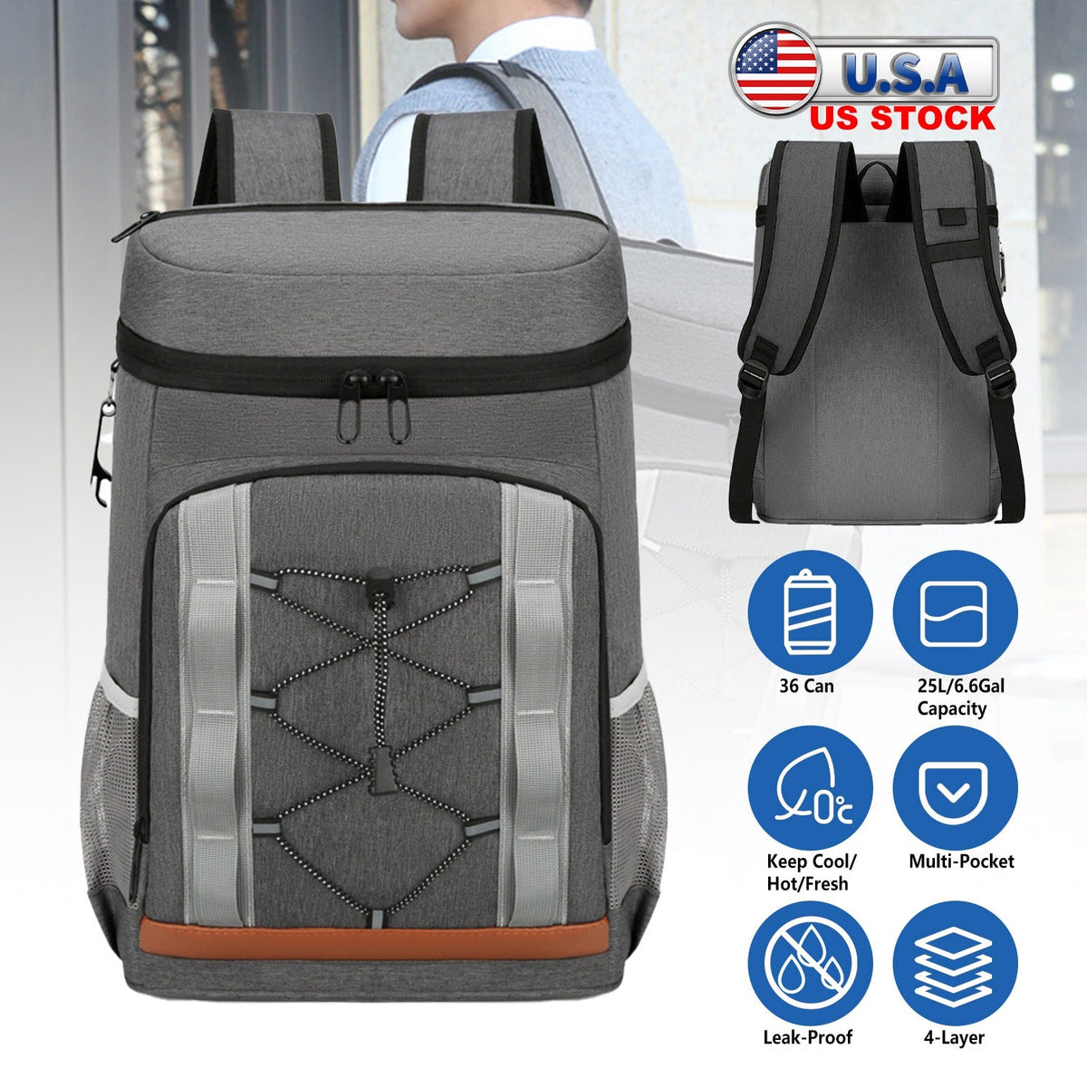 GemGear grey cooler backpack, 36-can insulated leakproof design with front bungee on Tampa Home & Garden Store