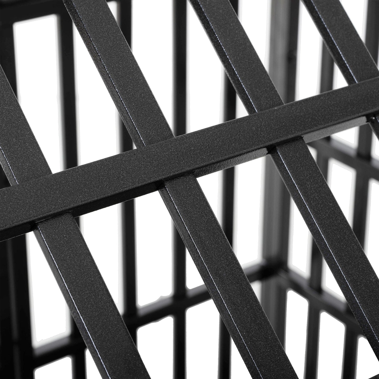 Heavy duty dog crate lattice frame in black metal close-up view on Tampa Home & Garden Store