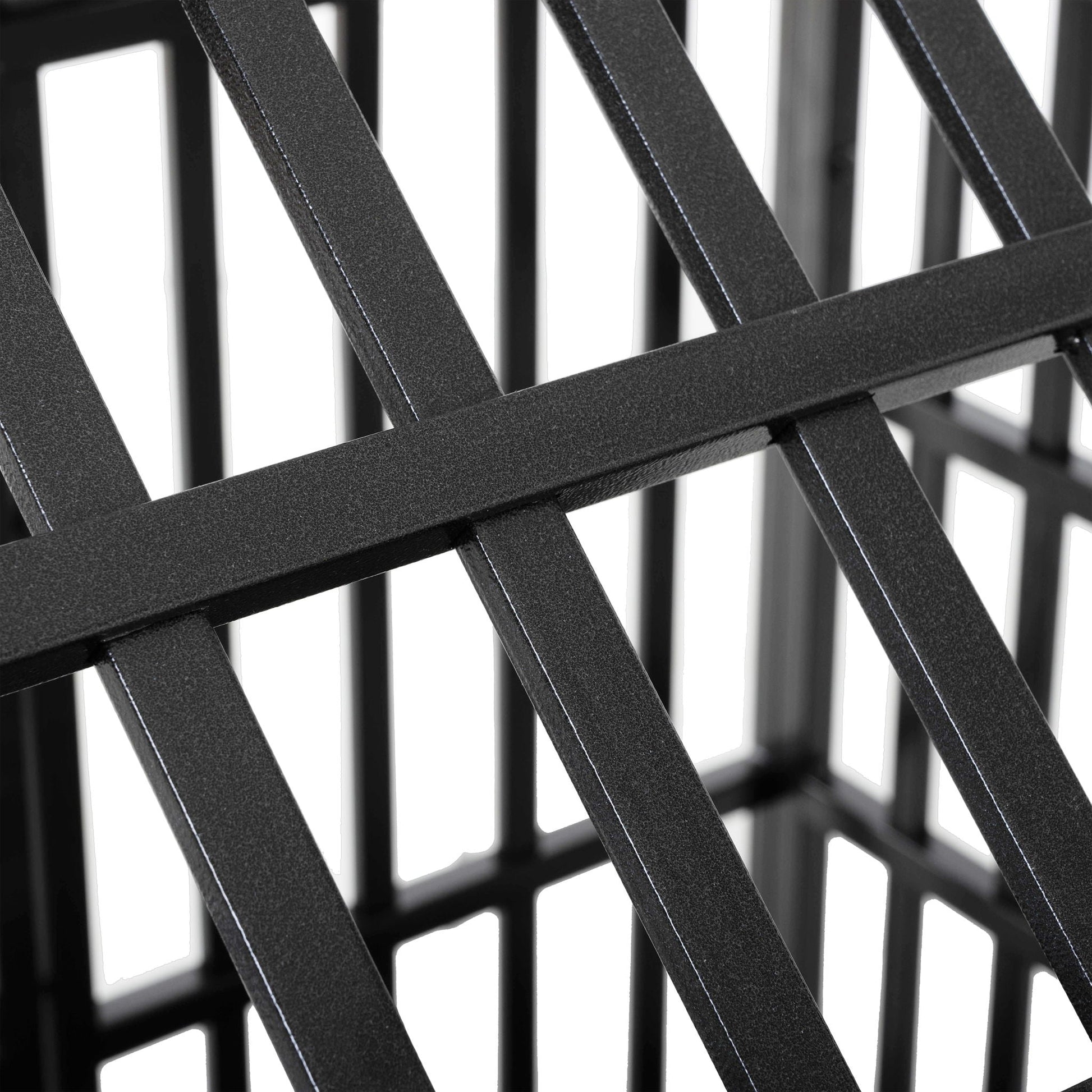 Heavy duty dog crate lattice frame in black metal close-up view on Tampa Home & Garden Store