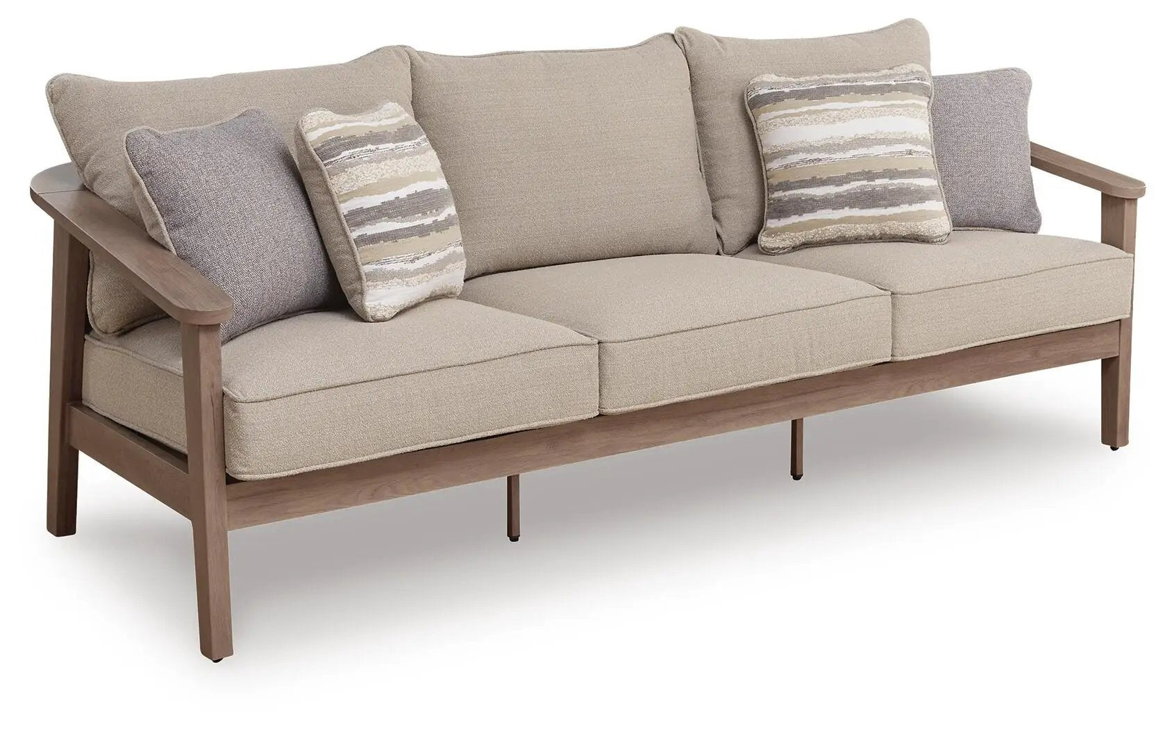 Harmony Headlands sofa with cushion in natural beige fabric, gray accent pillows, wooden frame on Tampa Home & Garden Store