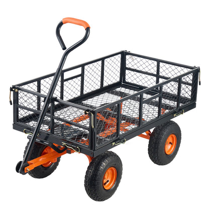 Metal garden dump cart with black frame, orange wheels and handle grip, mesh cargo bed on Tampa Home & Garden Store