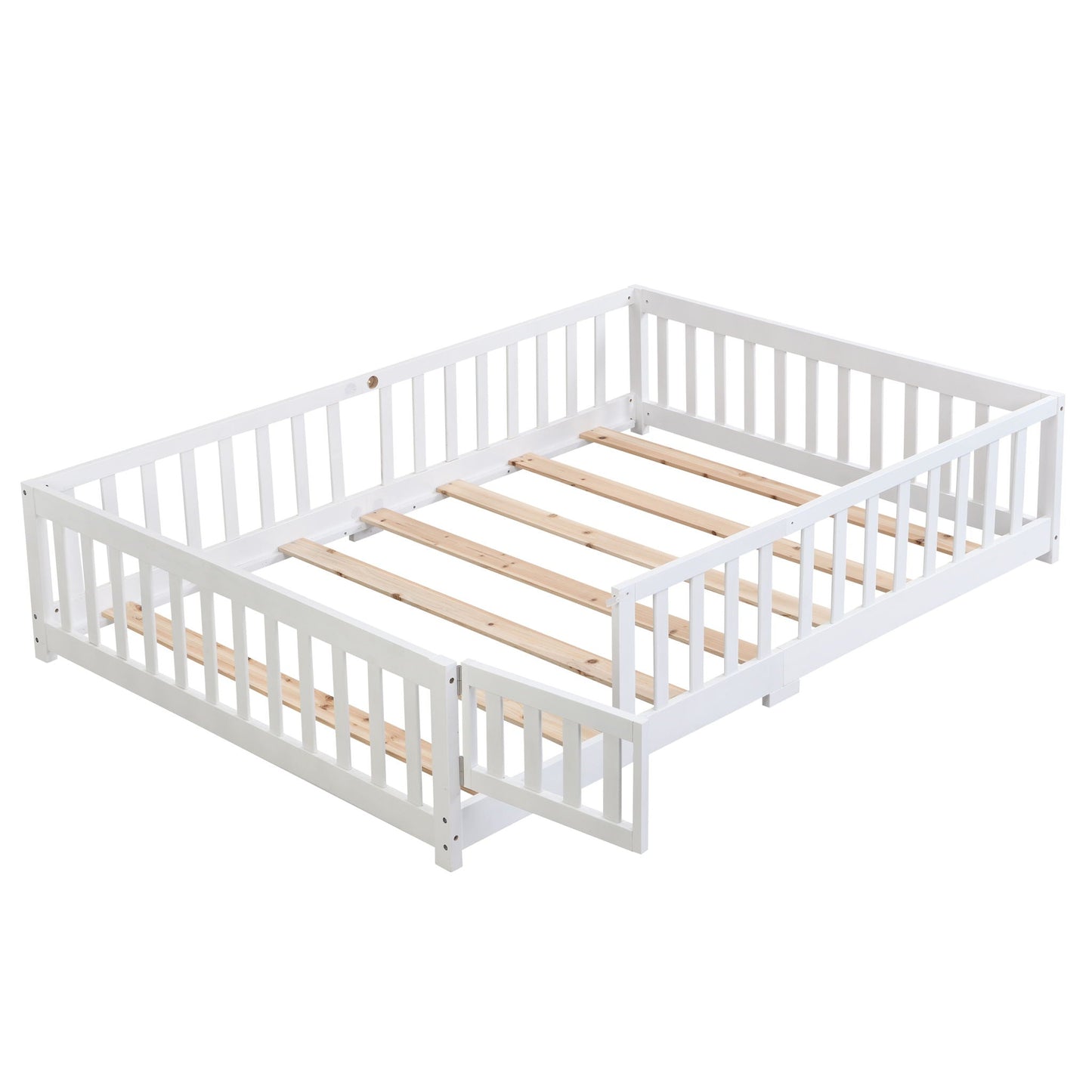 Solid white wood floor bed for children with side rails; HouseOfZazla platform bed on Tampa Home & Garden Store