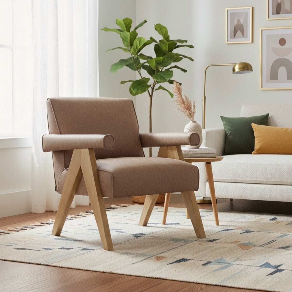 Nessi Arm Chair with solid wood A-frame in light brown upholstery, set of 2 on Tampa Home & Garden Store