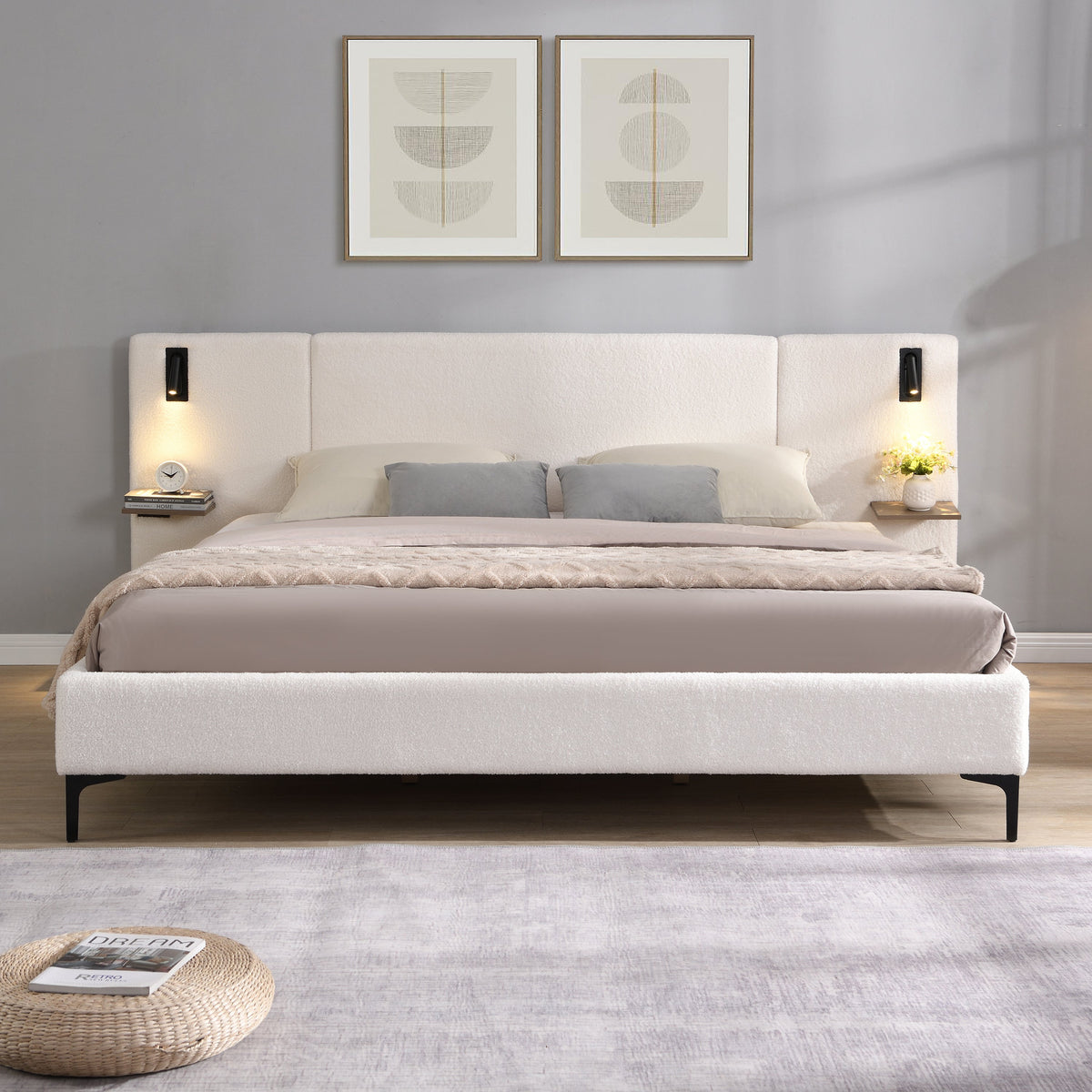 Elegant Boucle Bed With Built In Light And Shelf