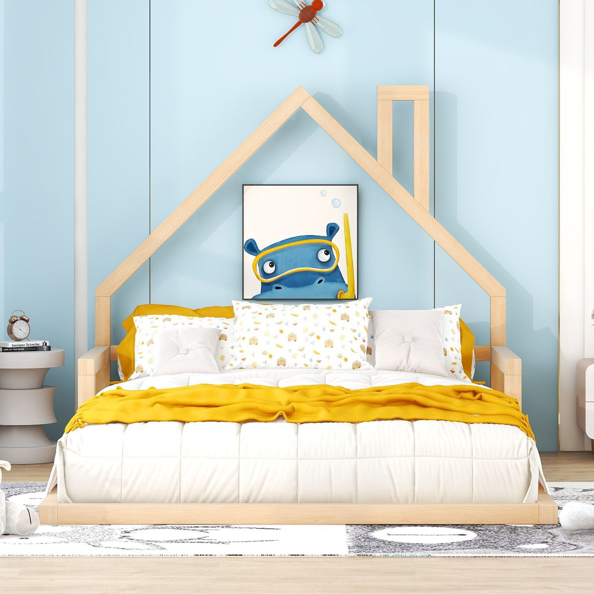 Platform bed by HouseOfZazla with house-shaped headboard, blue wall and yellow bedding on Tampa Home & Garden Store