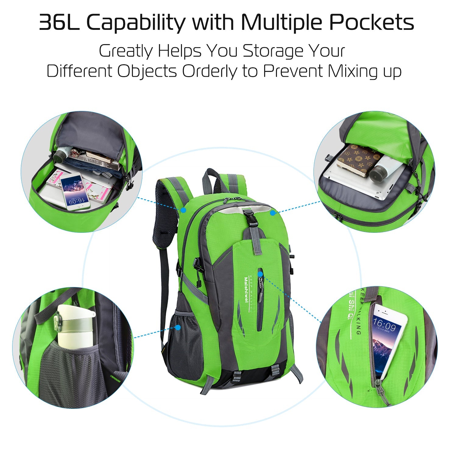 GemGear 36L waterproof hiking backpack in green with multiple pockets for tablet/phone on Tampa Home & Garden Store