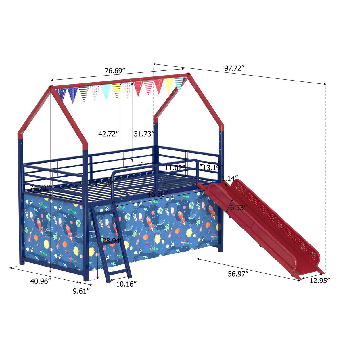 Jack House Loft Bed With Slide And Curtain Set by HouseOfZazla with blue frame, red slide, space-pattern curtains on Tampa Home & Garden Store