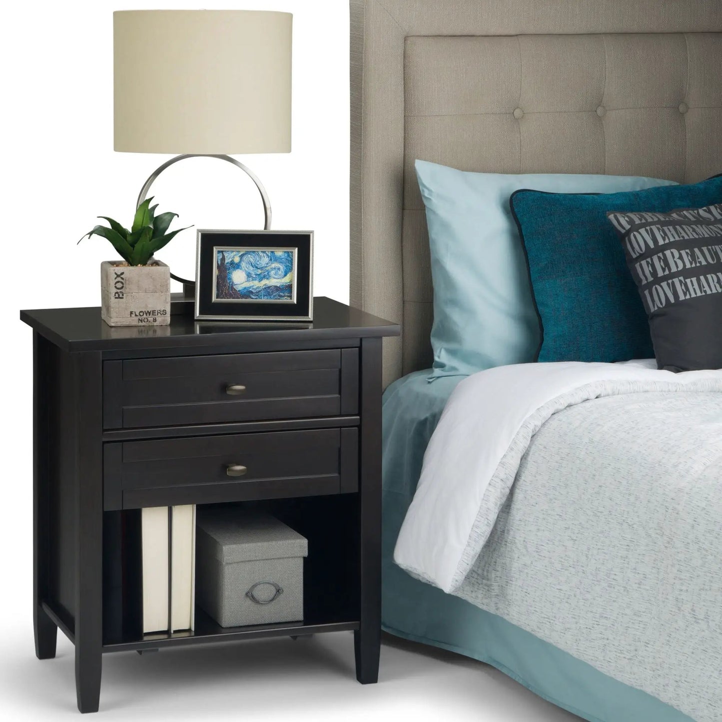 Warm Shaker Handcrafted Bedside Table, black finish with 3 drawers, lamp and plant on Tampa Home & Garden Store