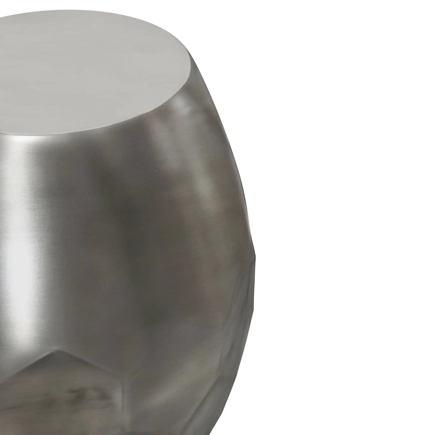 Flanigan hand crafted metal accent table in brushed steel finish with a smooth rounded top on Tampa Home & Garden Store