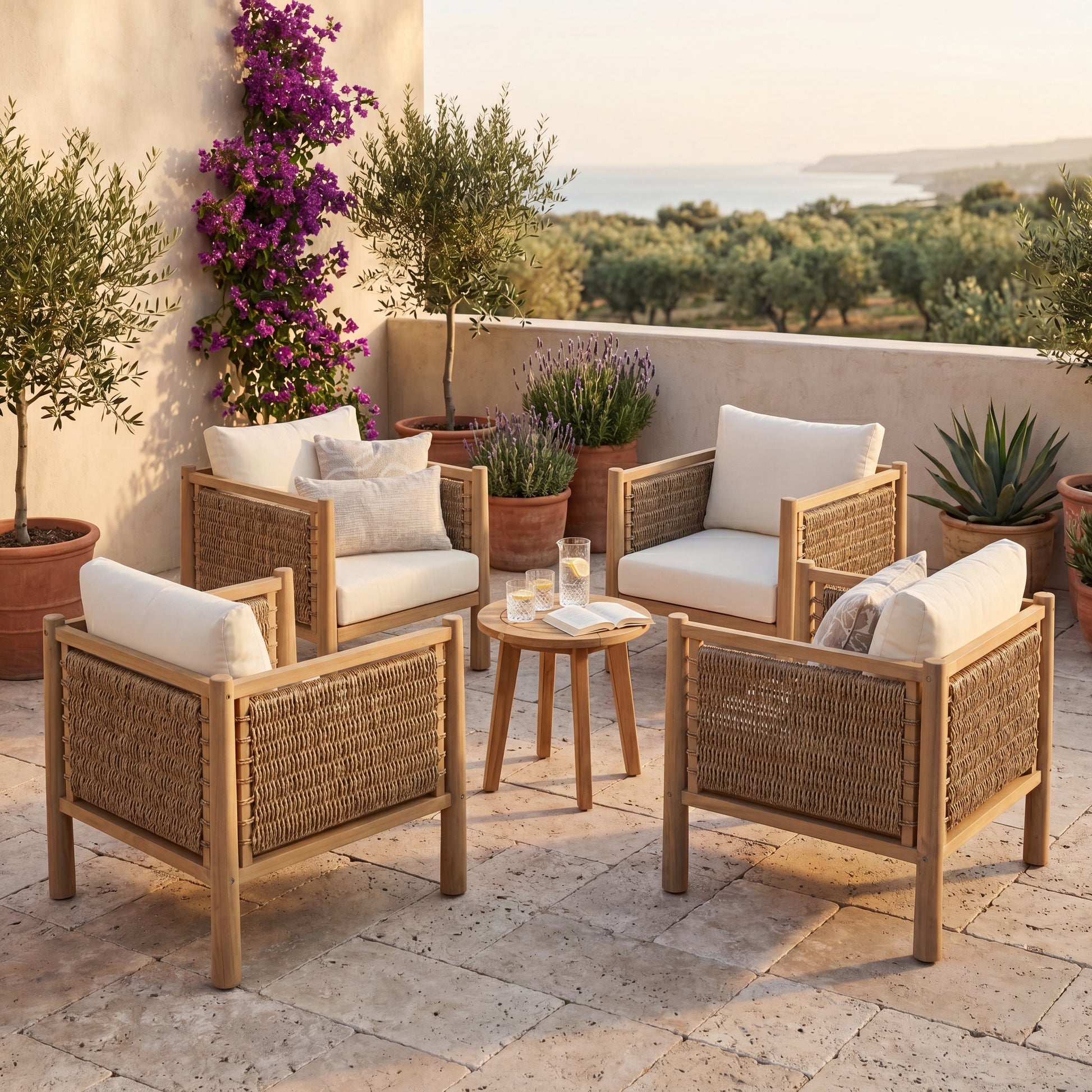 Set of 4 acacia wood patio chairs by HouseOfZazla with woven backs and white cushions on Tampa Home & Garden Store