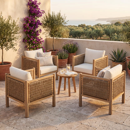 Set of 4 acacia wood patio chairs by HouseOfZazla with woven backs and white cushions on Tampa Home & Garden Store