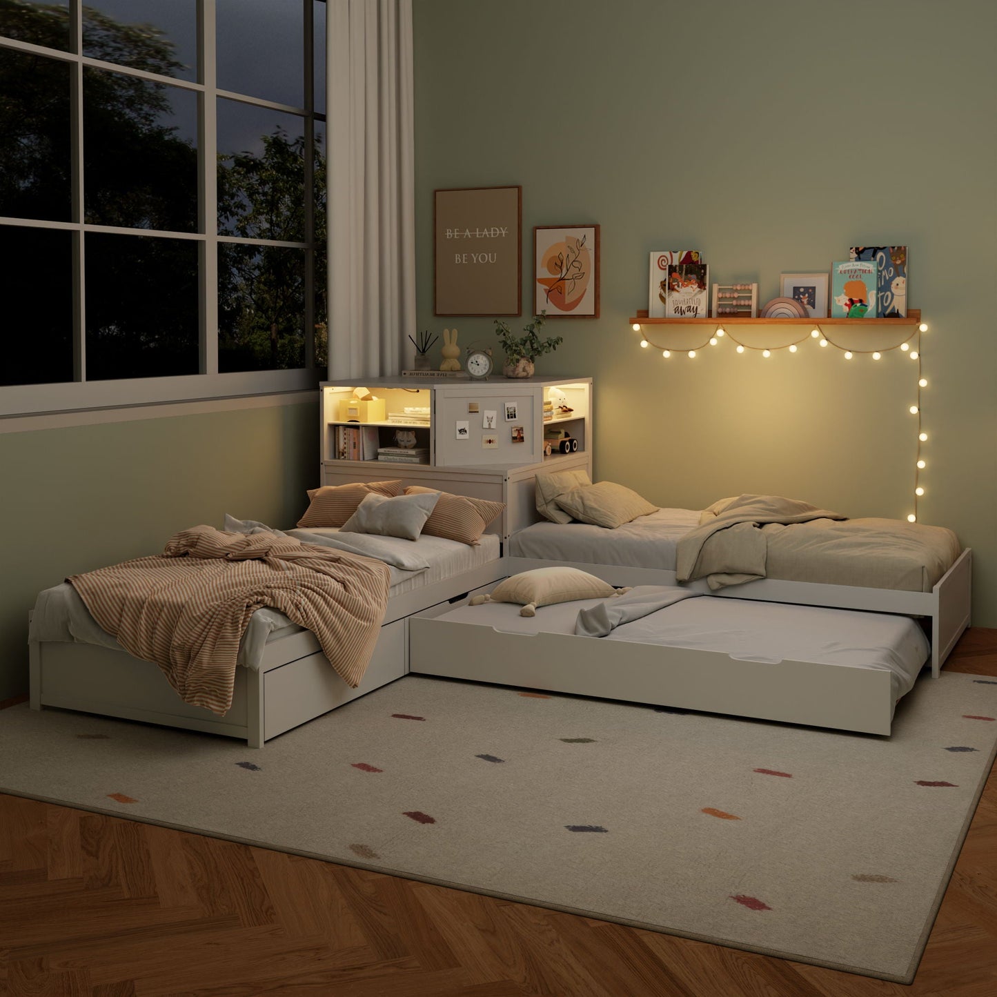 Compact L Shaped Bed Frame with Trundle and Desk