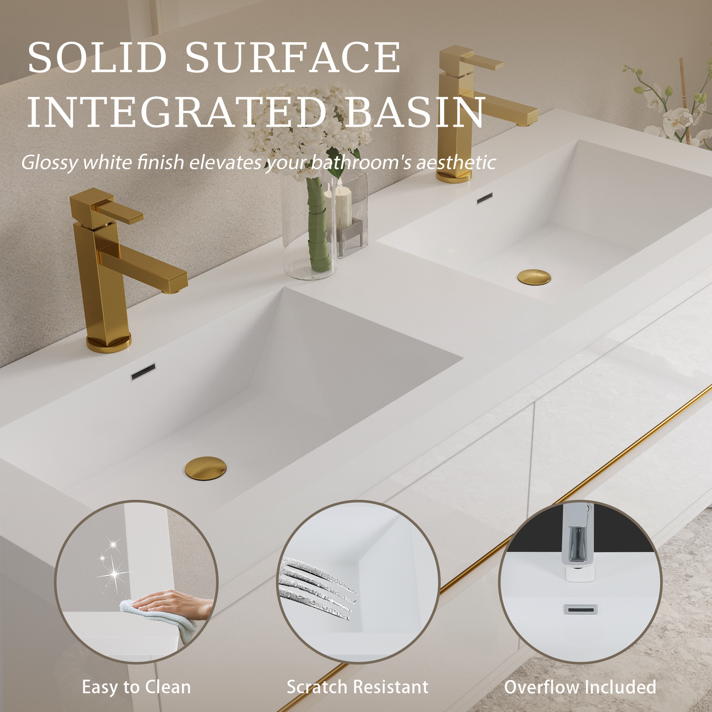 60-inch wall-mounted bathroom vanity with white solid-surface sink, floating storage cabinet, and gold faucet by HouseOfZazla on Tampa Home & Garden Store