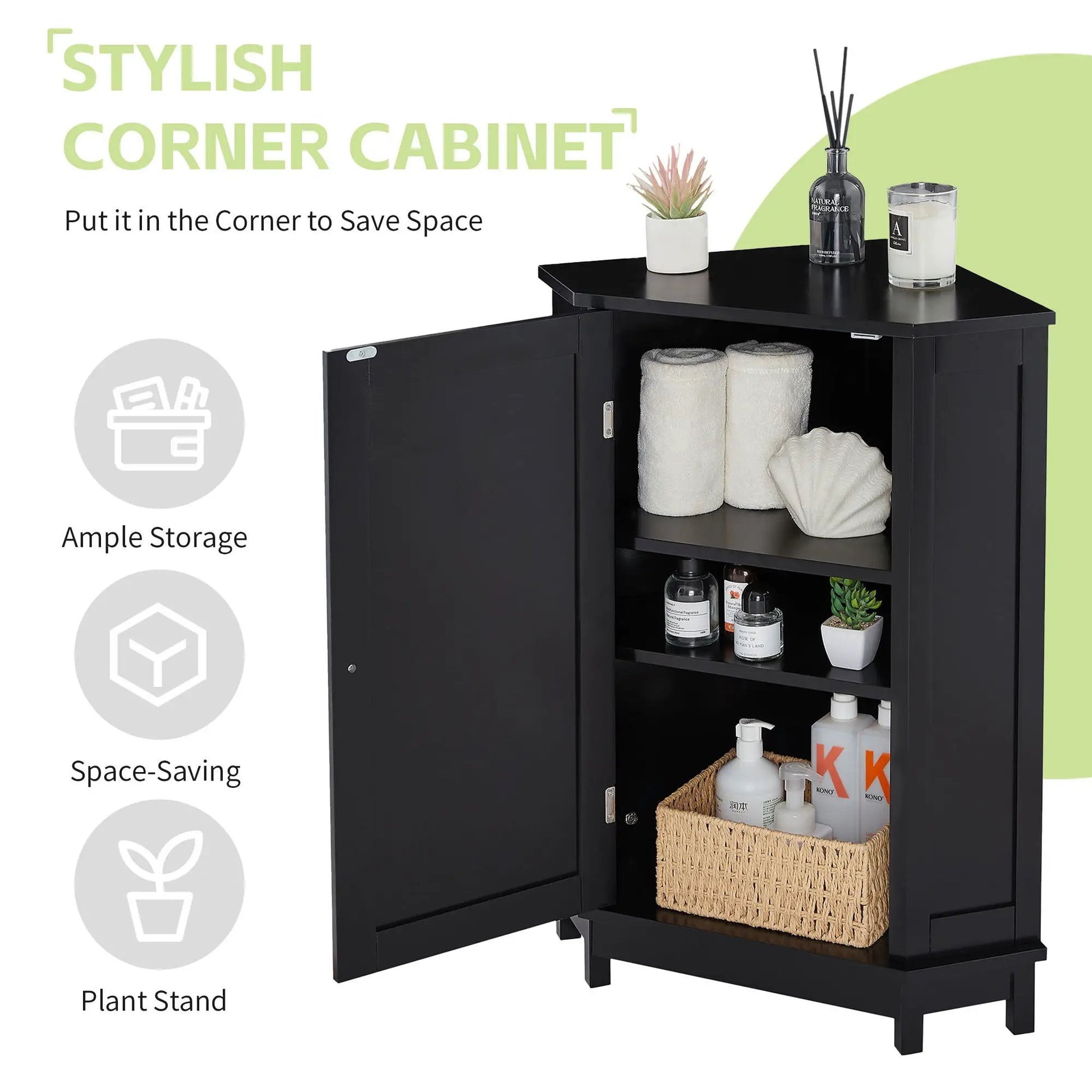 Triangle corner bathroom cabinet with adjustable shelf in black by Unique Piece Furniture on Tampa Home & Garden Store