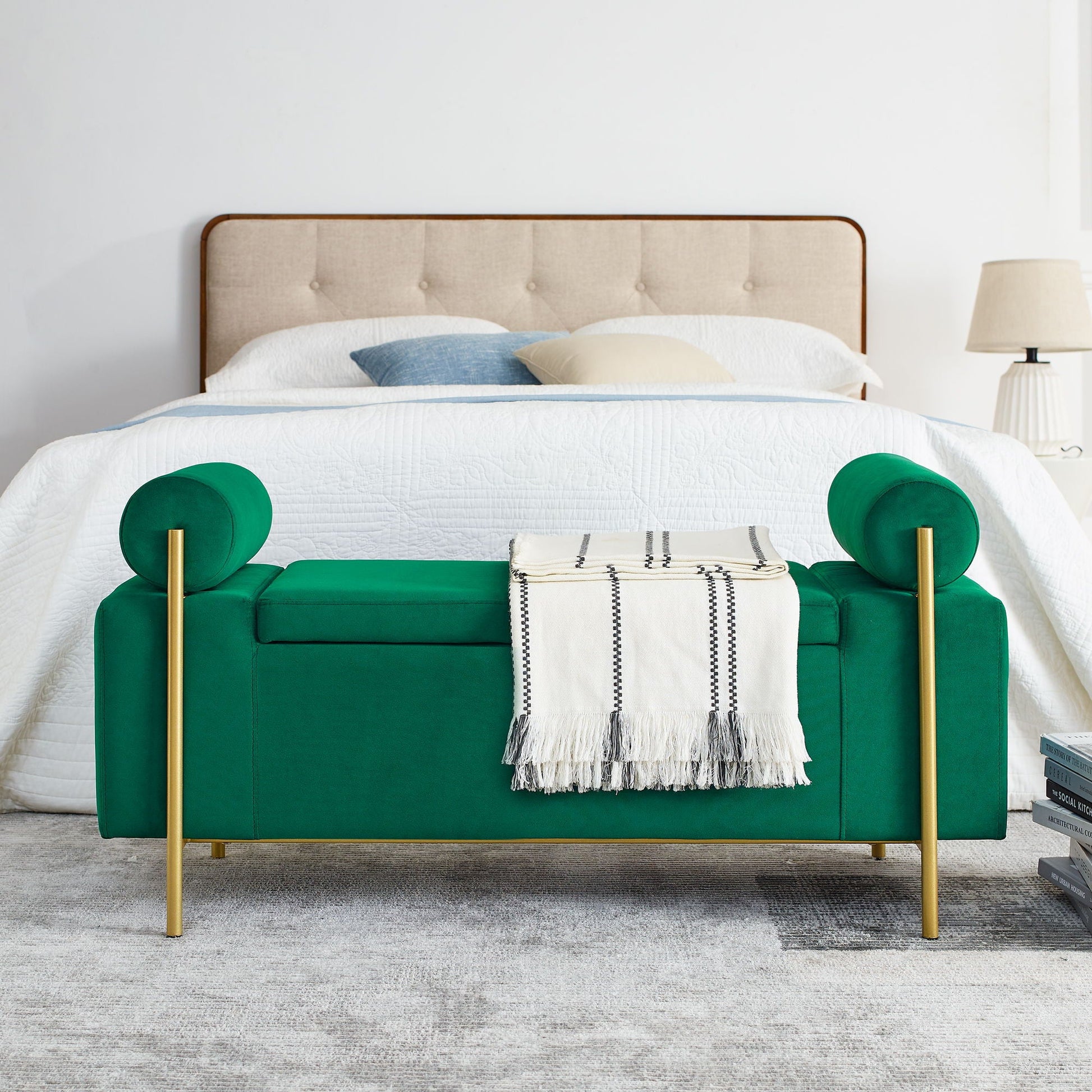 Elegant Upholstered Storage Bench with Cylindrical Arms by Unique Piece Furniture on Tampa Home & Garden Store