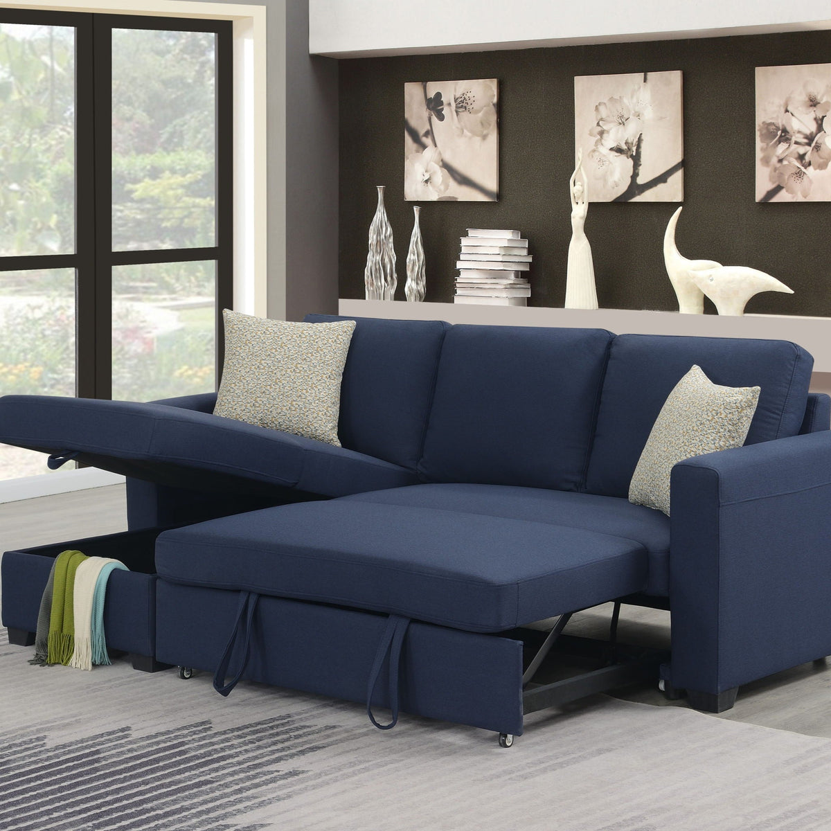 Reversible navy sleeper sectional with pop-up sleeper and hidden storage chaise by HouseOfZazla on Tampa Home & Garden Store