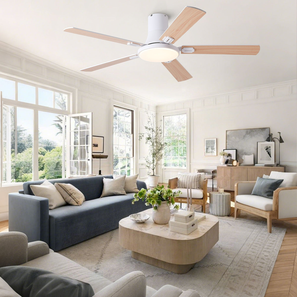 Flush mount ceiling fan with LED light, white housing, 5 natural wood blades, remote on Tampa Home & Garden Store