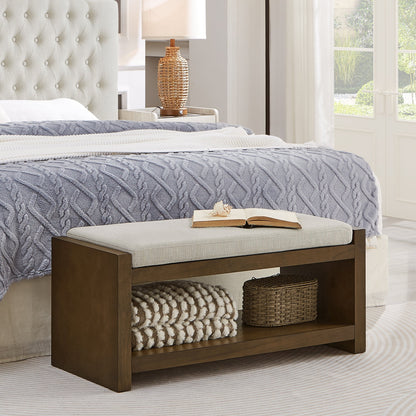 40-inch accent bench with lower shelf storage baskets, dark wood base and beige cushion on Tampa Home & Garden Store