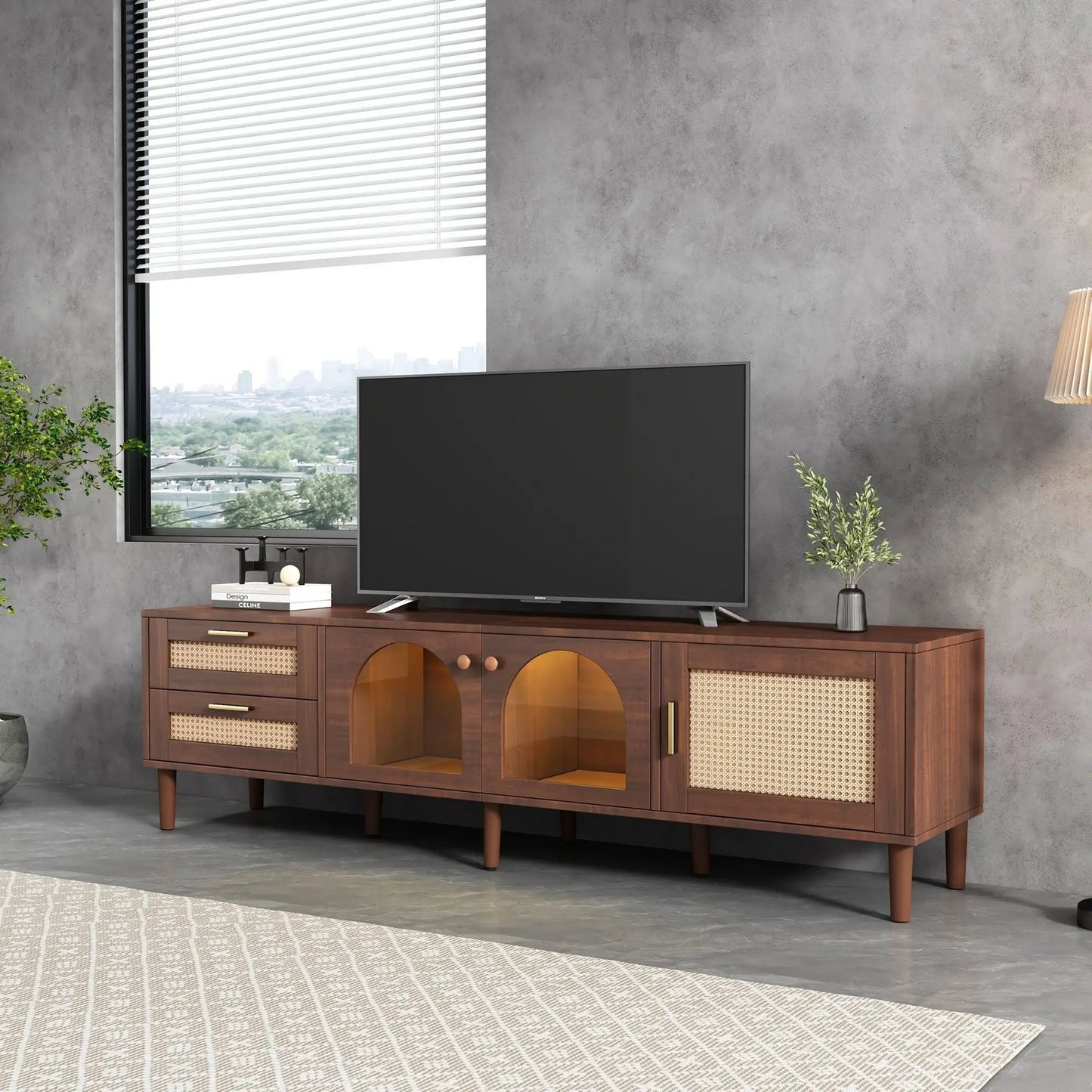 TV Stand With 3 Cabinets and 2 Drawers LED Light