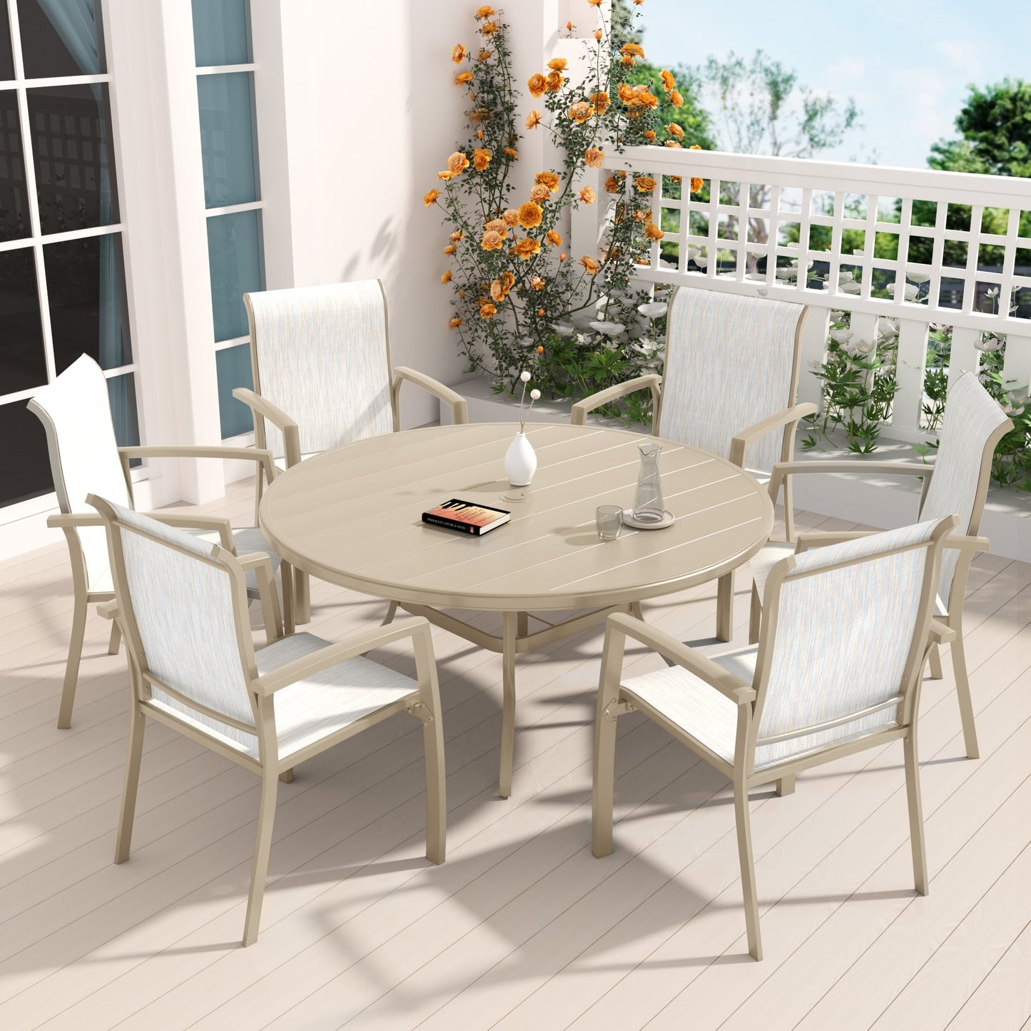 7 Pieces Patio Dining Set HouseOfZazla, beige round table with striped chairs on balcony on Tampa Home & Garden Store