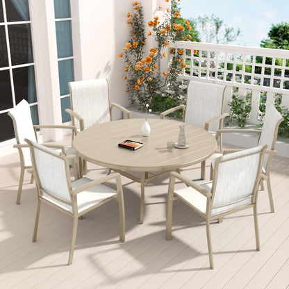 7 Pieces Patio Dining Set HouseOfZazla, beige round table with striped chairs on balcony on Tampa Home & Garden Store