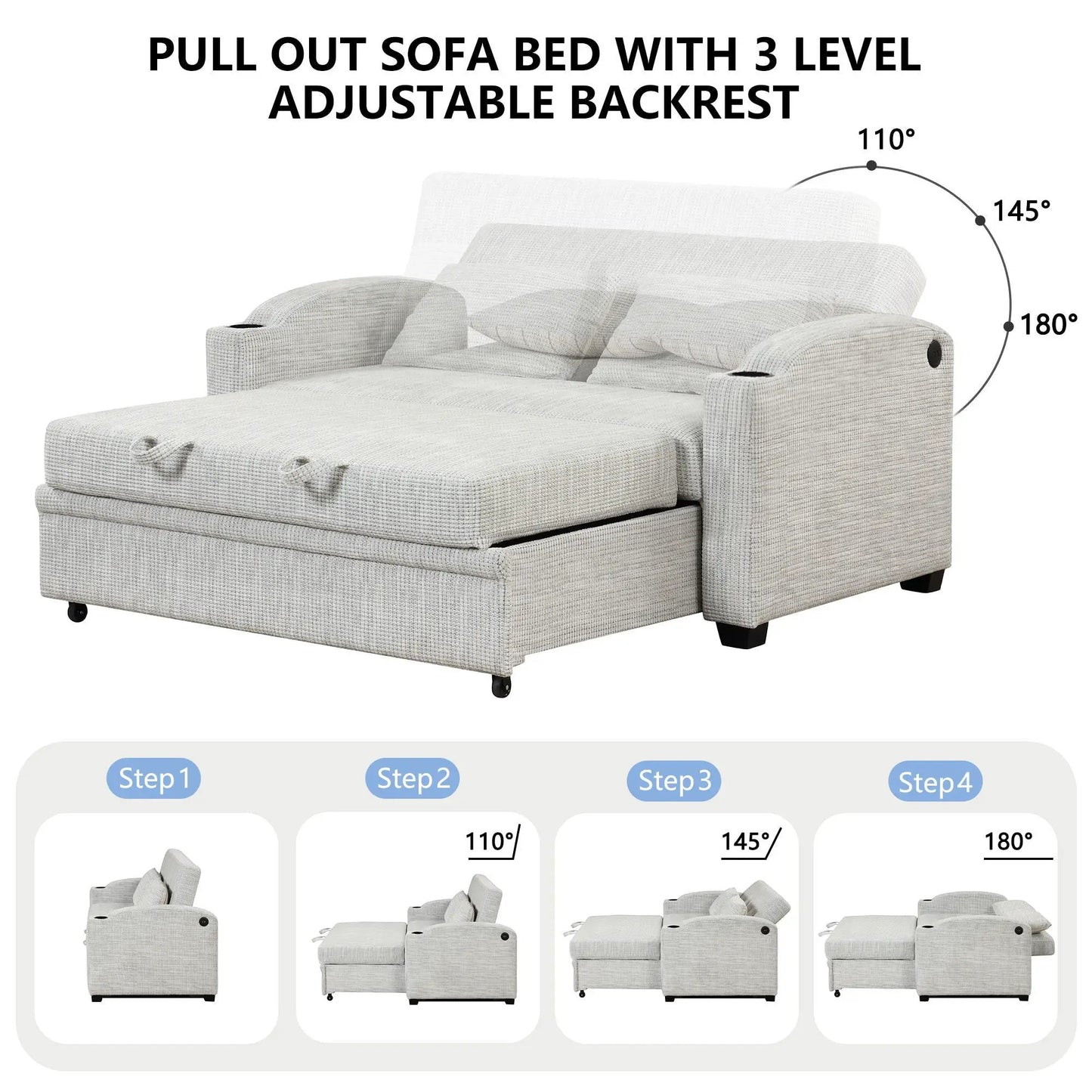 Pull Out Loveseat with Adjustable Backrest USB