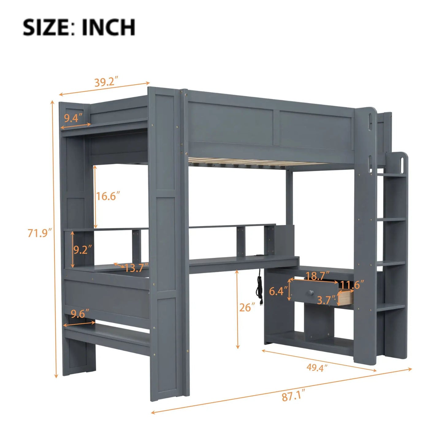 Gaming Loft Bed with Desk, LED and Multi Storage Shelves in gray by Unique Piece Furniture on Tampa Home & Garden Store