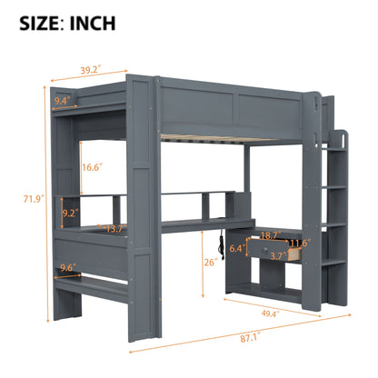 Gaming Loft Bed with Desk by HouseOfZazla, gray frame, LED charging station, shelves on Tampa Home & Garden Store