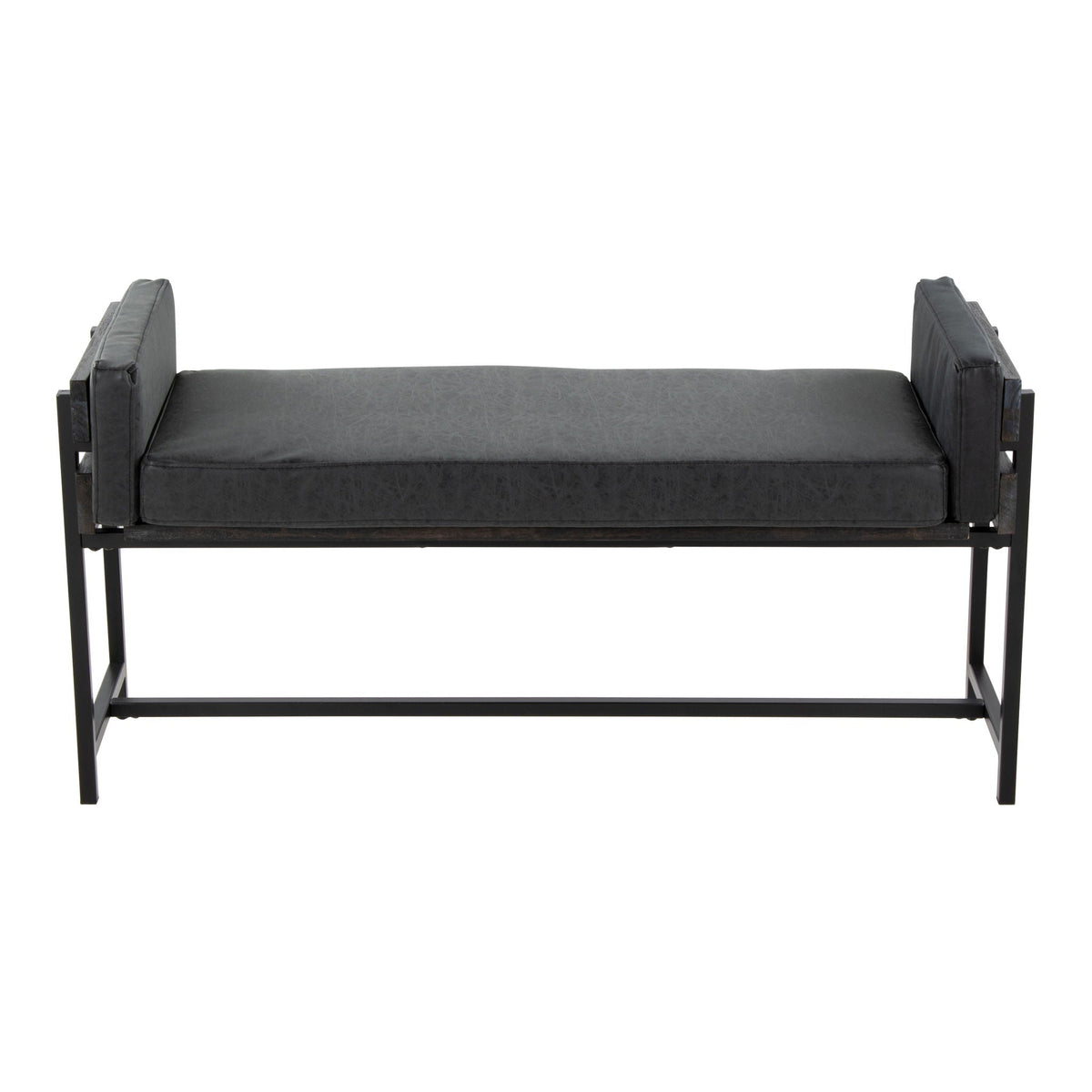 Farmhouse Luxe Upholstered Bench with Wood Panel Accent in black frame and gray upholstery on Tampa Home & Garden Store