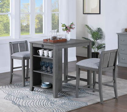 3 Piece Counter Height Dining Set with Storage Shelves in gray finish with two stools on Tampa Home & Garden Store