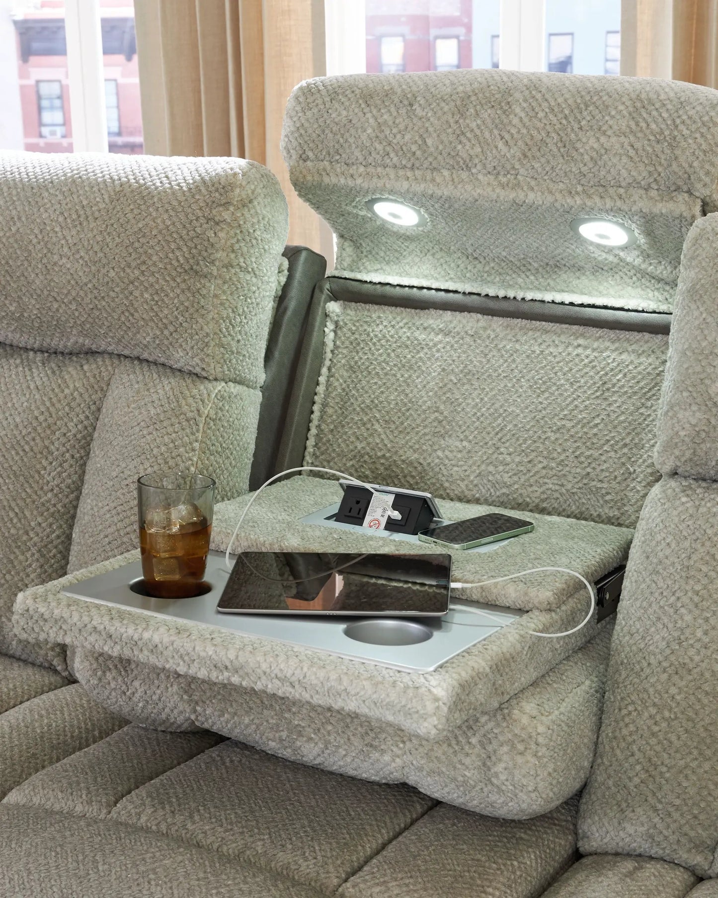 WhipLash power reclining sofa with adjustable headrests in sisal beige fabric built-in tray on Tampa Home & Garden Store