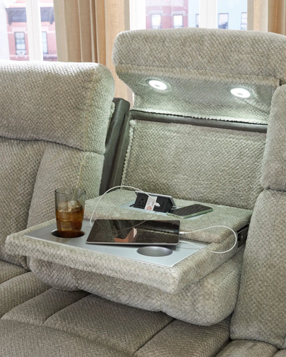 WhipLash power reclining sofa with adjustable headrests in sisal beige fabric built-in tray on Tampa Home & Garden Store