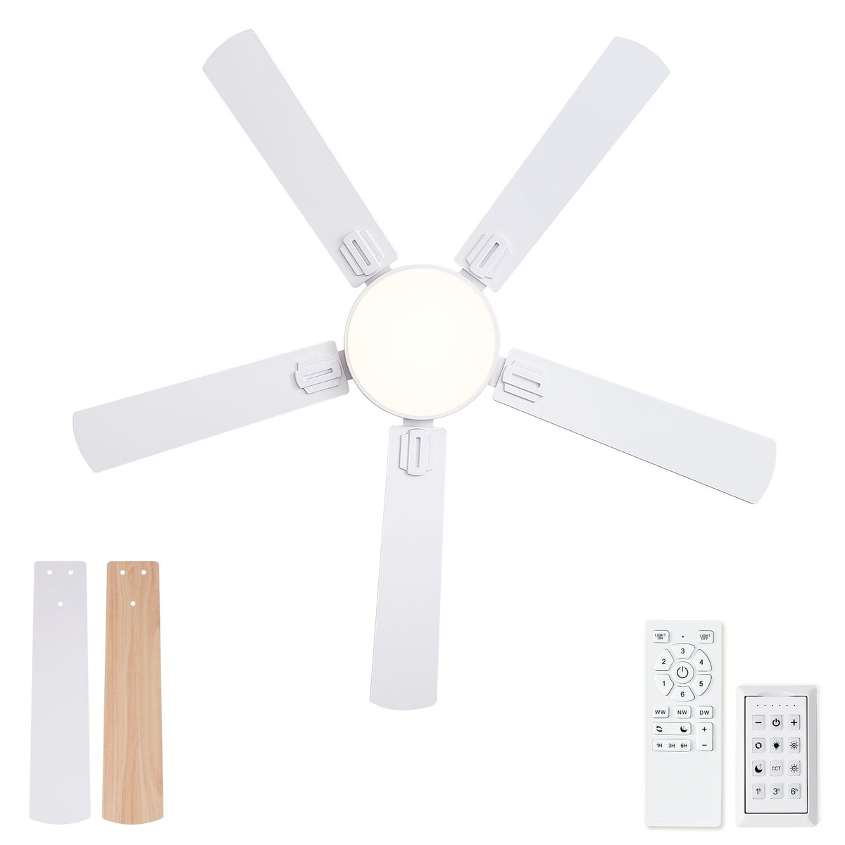 Flush Mount Ceiling Fan with LED light and remote by HouseOfZazla white pearl-silver finish on Tampa Home & Garden Store