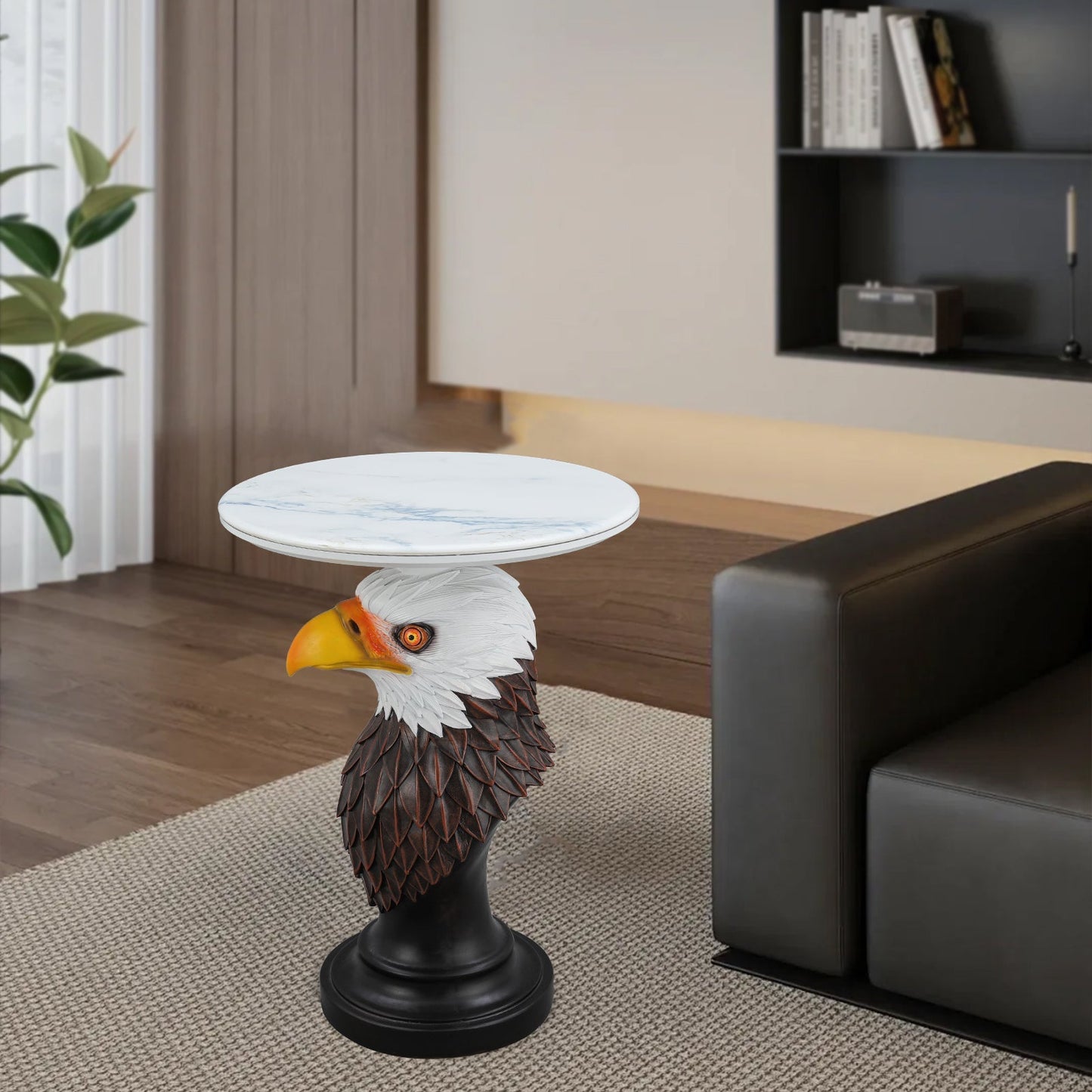 Eagle Head Accent End Table with round white marble top and feathered pedestal by HouseOfZazla on Tampa Home & Garden Store