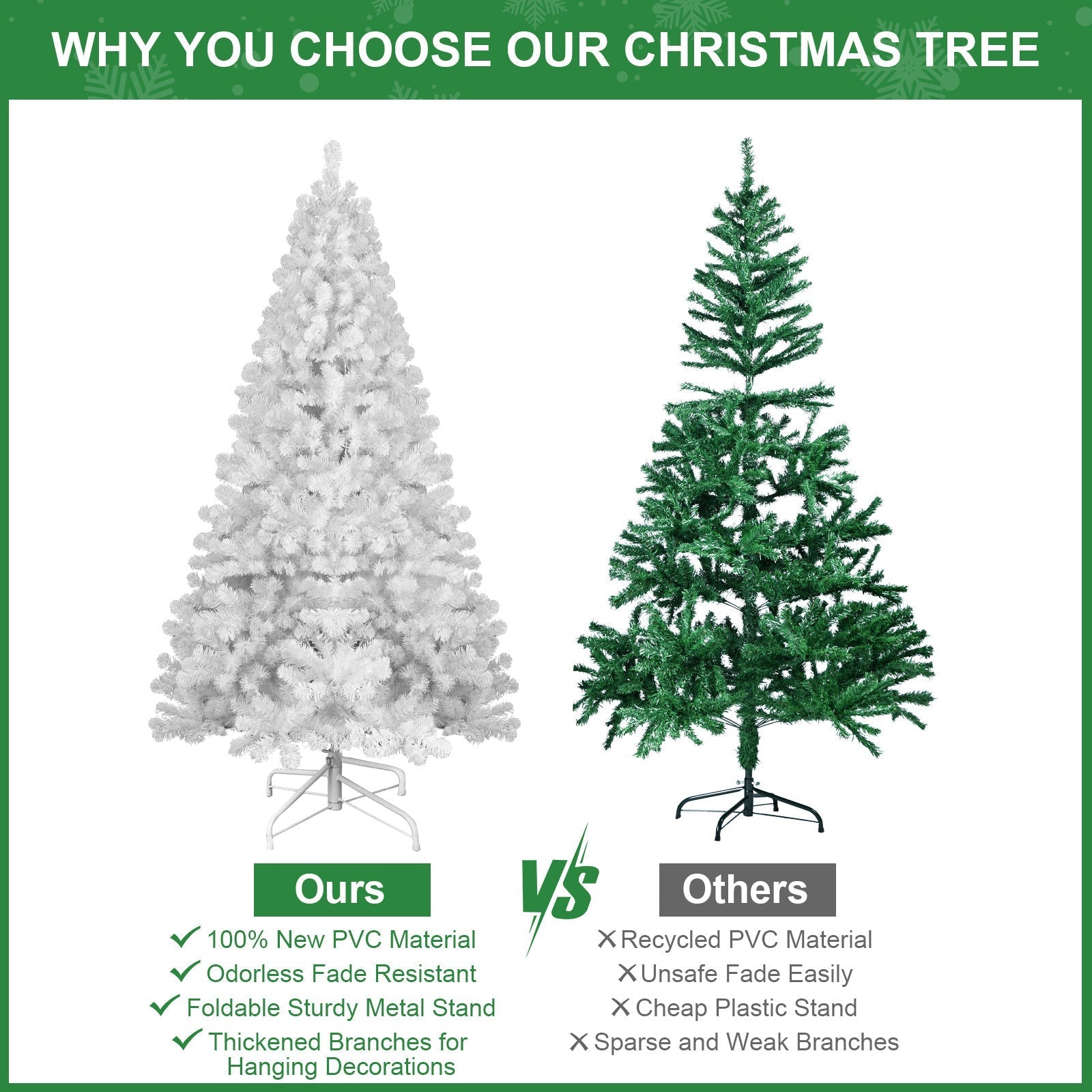 7ft White Christmas Tree with Memory Wire, 1064 Tips by HouseOfZazla; side-by-side green tree on Tampa Home & Garden Store
