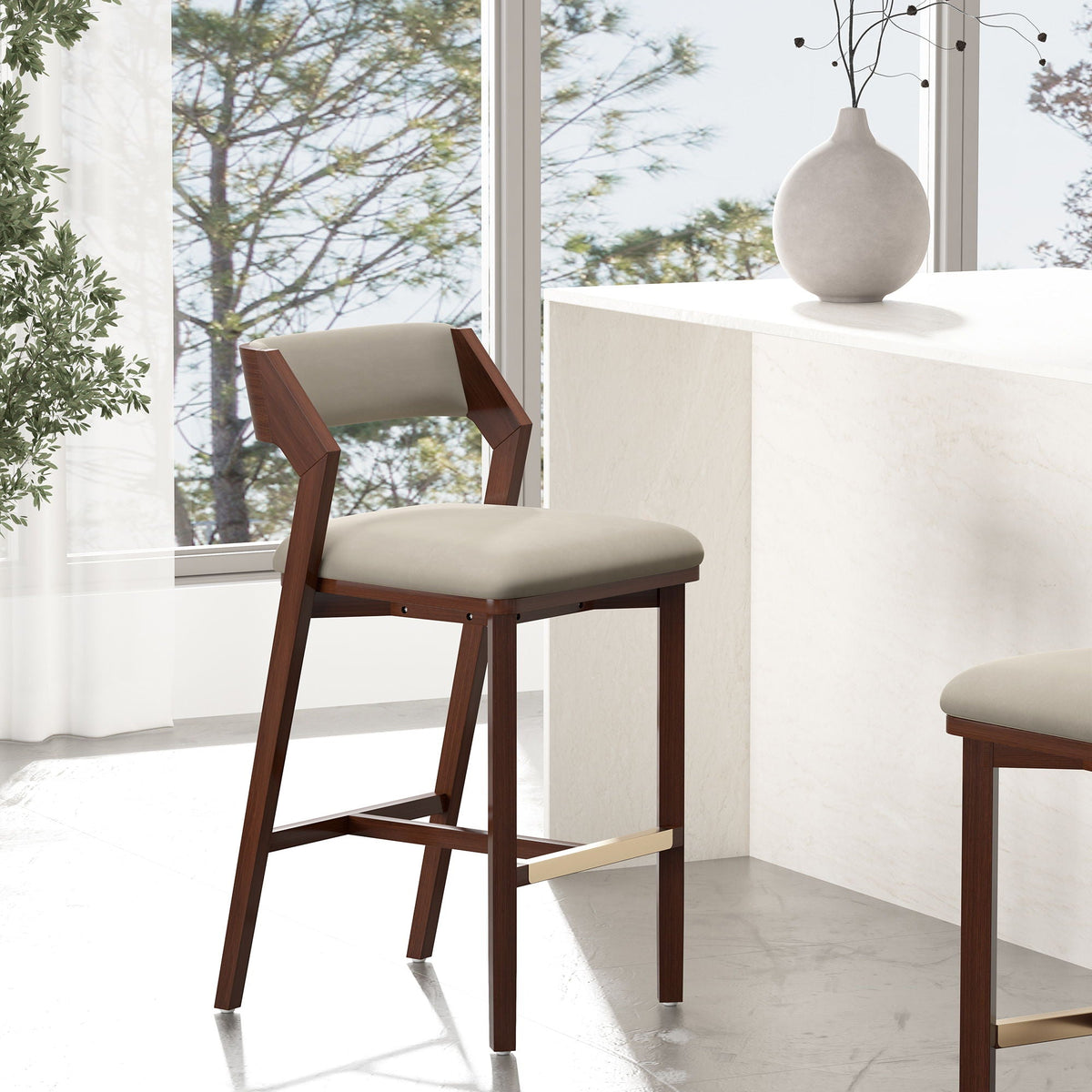 Bar height barstool with backrest, dark wood frame, beige upholstered seat, 2-pack HouseOfZazla on Tampa Home & Garden Store