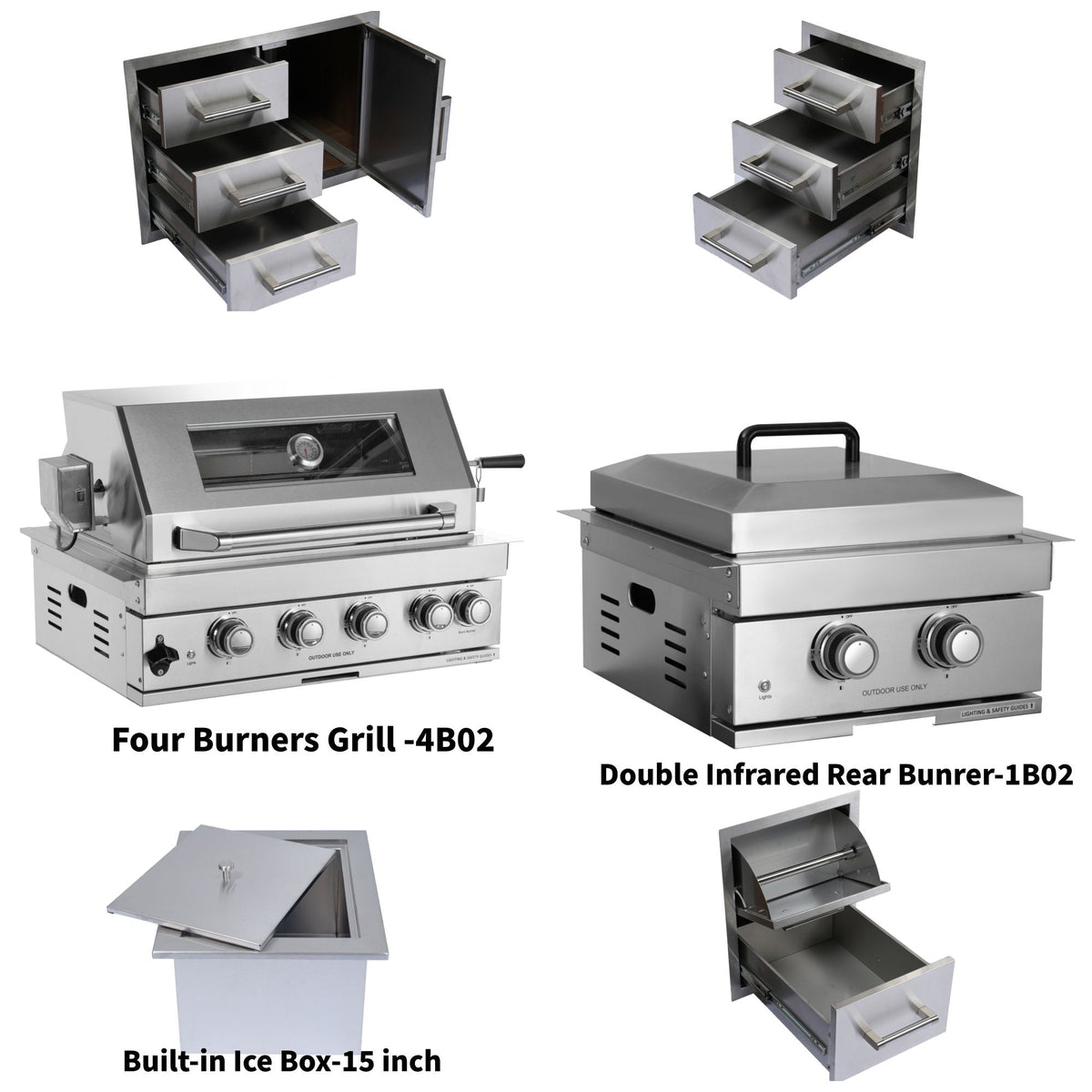 Built-In outdoor LPG gas grill kit with four-burner, ice box and BBQ tool set in silver on Tampa Home & Garden Store