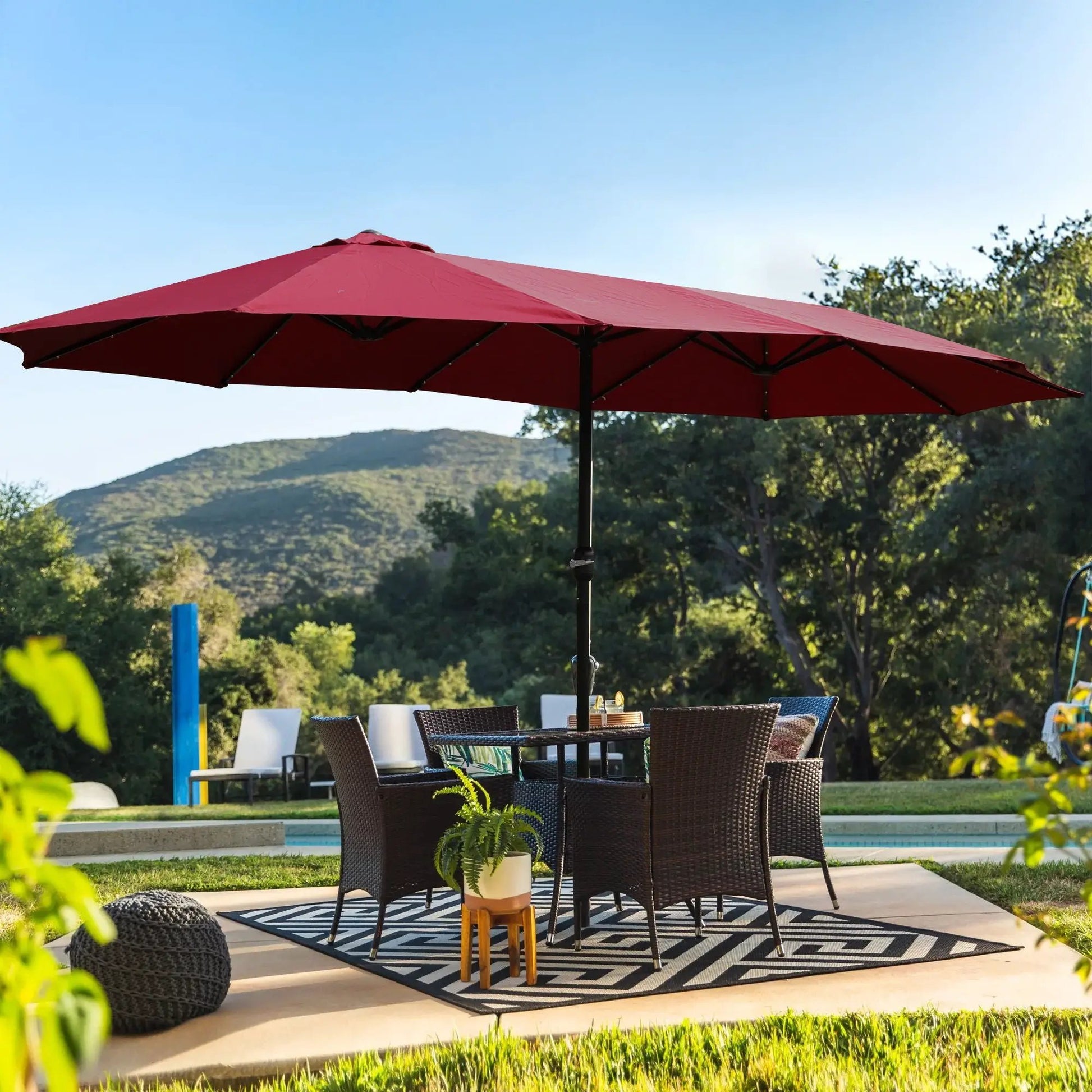 Double-Sided Outdoor Market Umbrella with Lights and Base red canopy by Unique Piece Furniture on Tampa Home & Garden Store