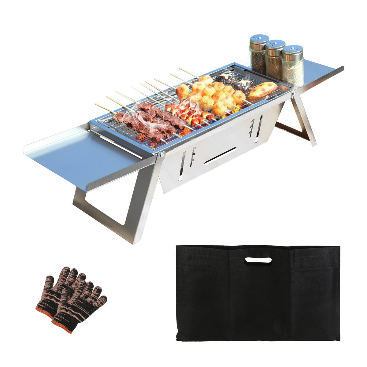 GemGear 3 In 1 Foldable Charcoal Grill Fire Pit stainless steel camping BBQ with skewers on Tampa Home & Garden Store