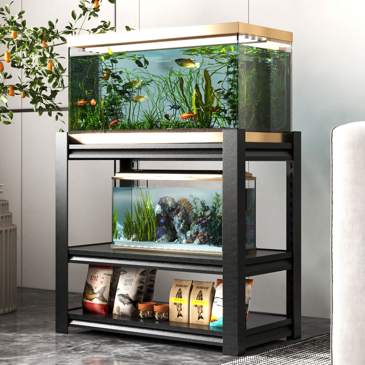 Stylish metal aquarium stand in black with brass accents for 20-30 gallon tanks by HouseOfZazla on Tampa Home & Garden Store