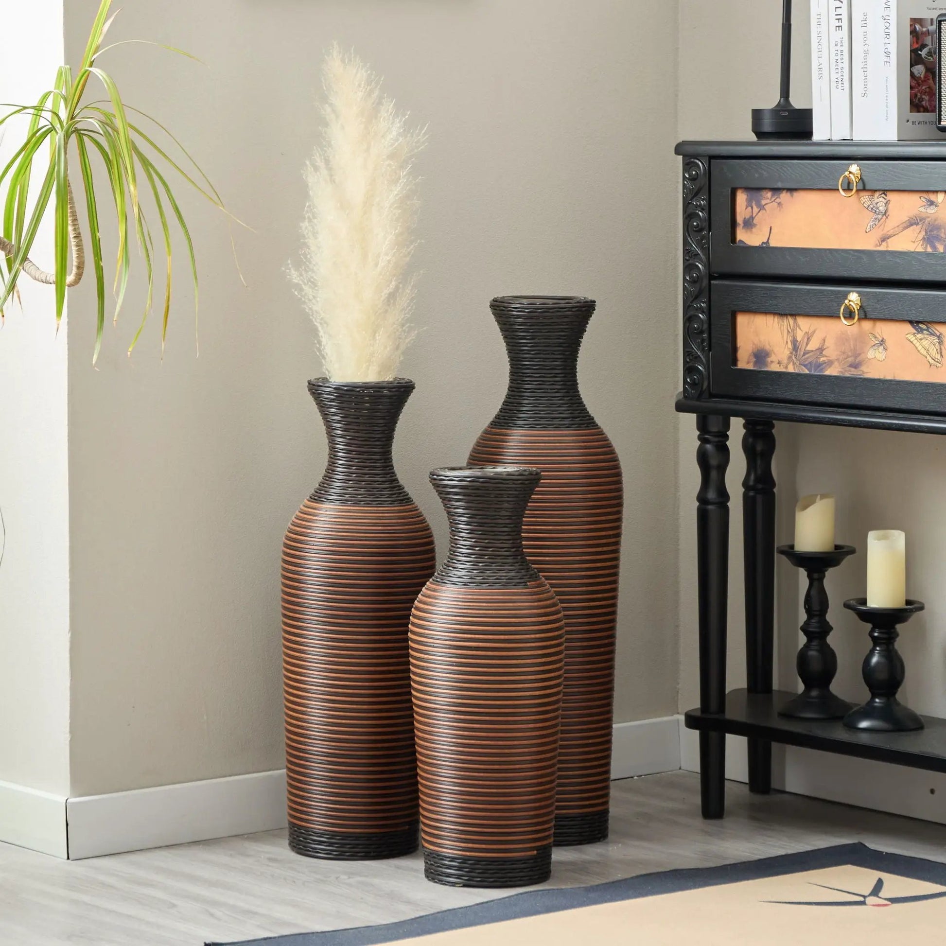 Classic floor vases set of 3 in black woven wicker with copper-toned bands on Tampa Home & Garden Store