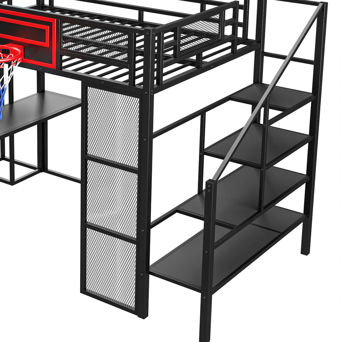 Loft bed with built-in desk and open wardrobe, black metal frame, basketball hoop and staircase on Tampa Home & Garden Store