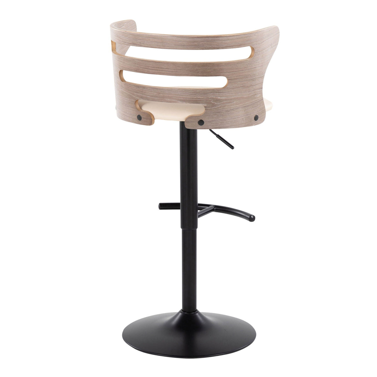 Mid-century adjustable barstool with swivel, wood back, rounded T-footrest, black pedestal on Tampa Home & Garden Store