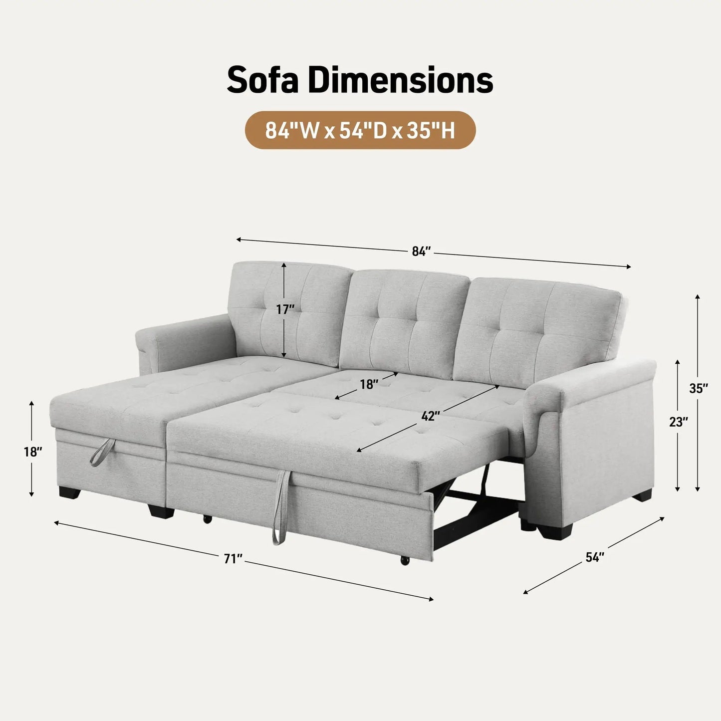 Lucca reversible sleeper sectional sofa with storage chaise in gray fabric, 84W x 54D x 35H on Tampa Home & Garden Store