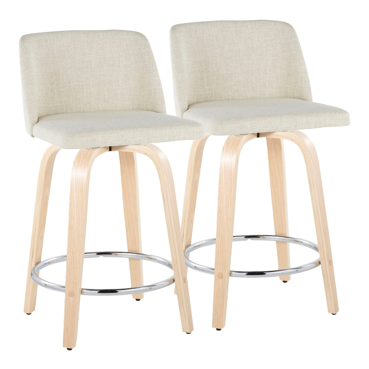 2 beige fixed-height counter stools with wood legs and chrome footrests on Tampa Home & Garden Store